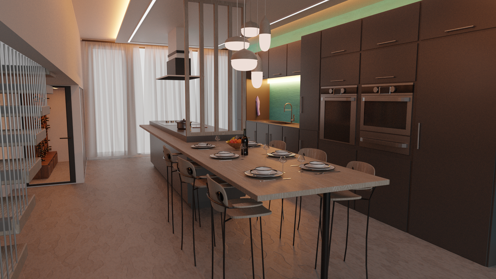Rendu 3D d'une cuisine avec grand plan de travail et cave à vin vue de côté